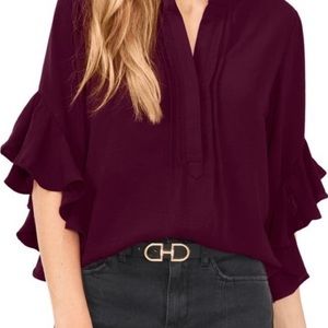 NWT Vince Camuto Split V-Neck 3/4 Ruffled Sleeve Henley Blouse - Pickled Beet